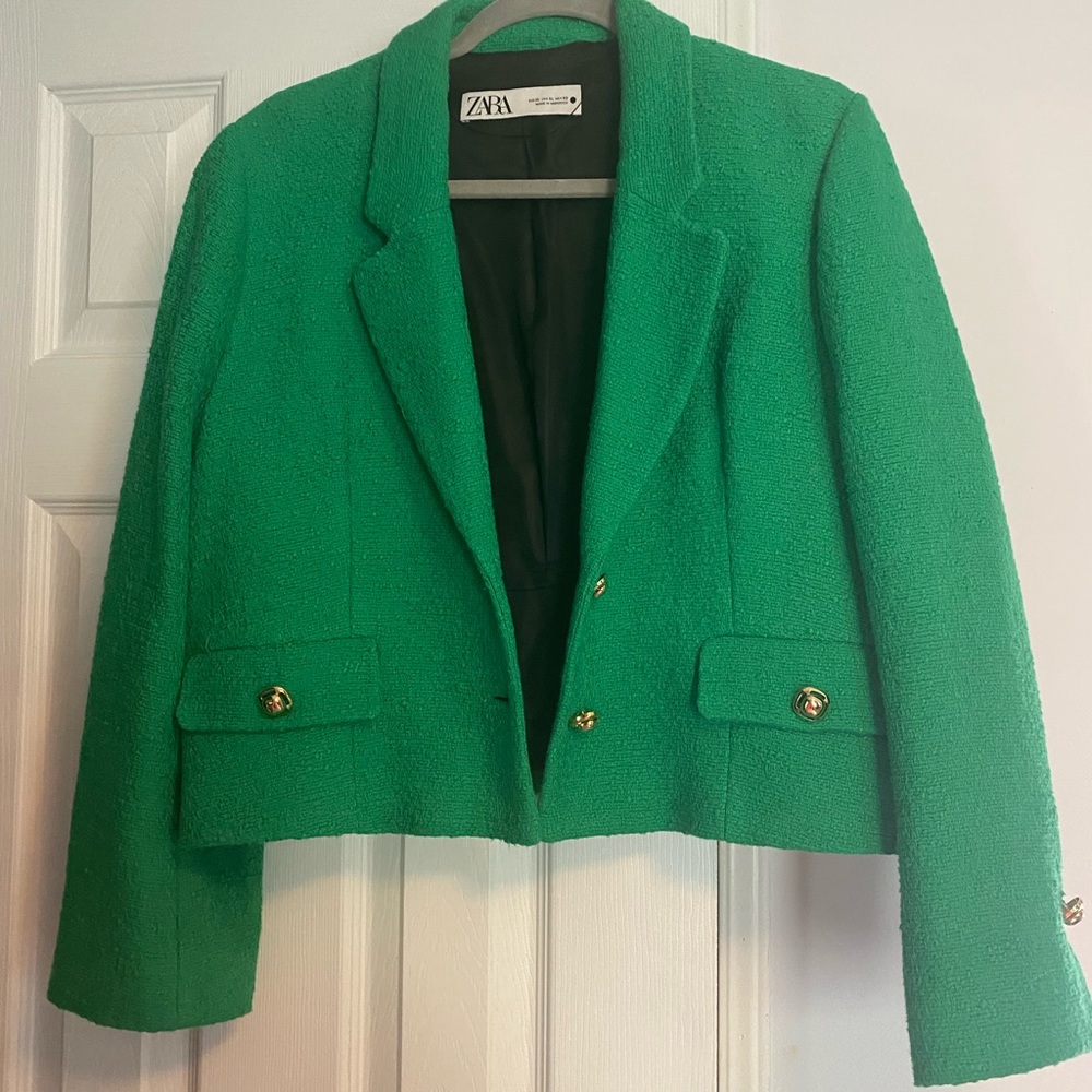 Zara green tweed cropped blazer with gold button detail sz XL